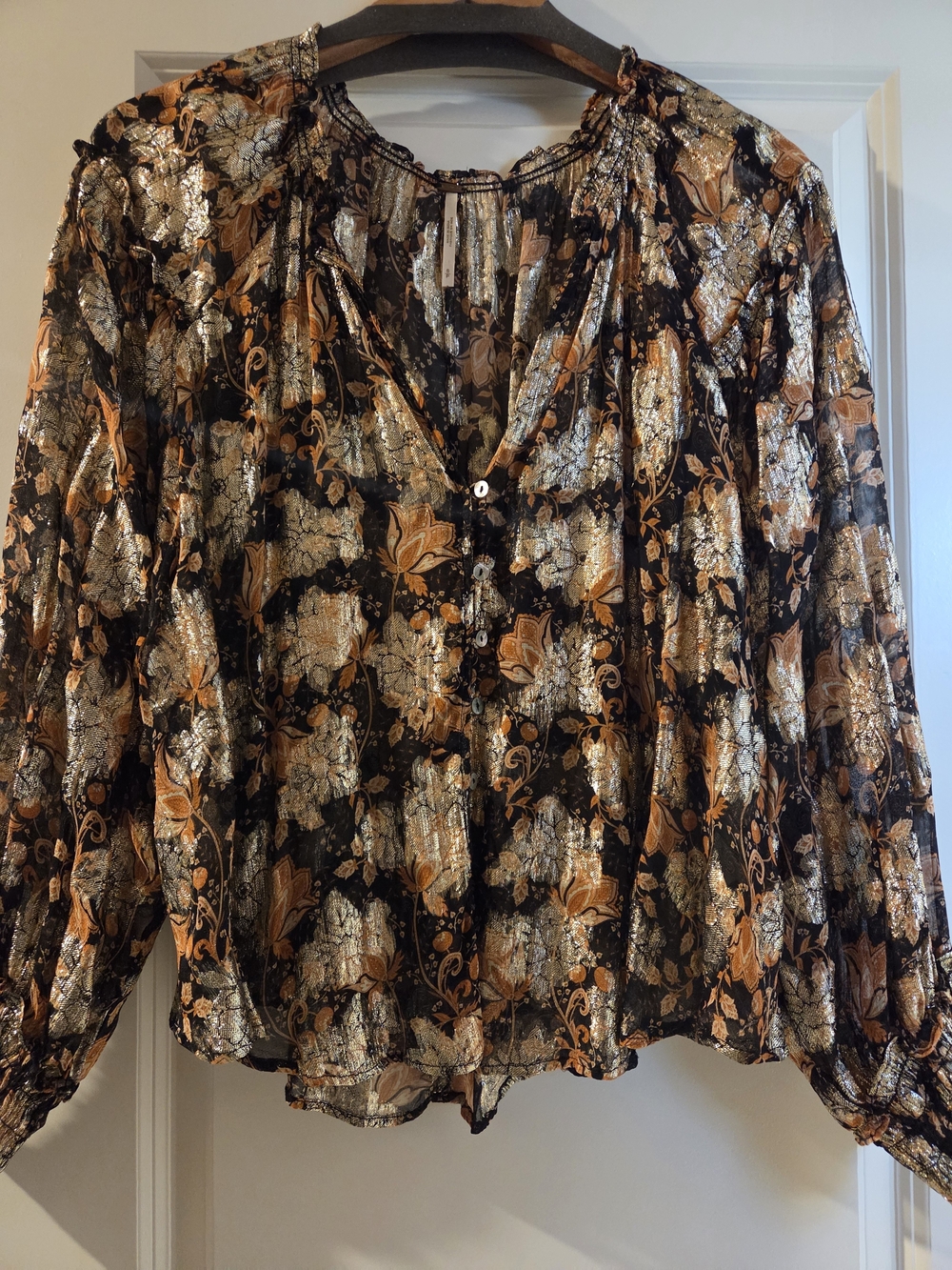 Free People Black Blouse with Gold and Copper Floral Lurex